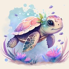 a painting of a sea turtle with flowers on its head, swimming in the ocean