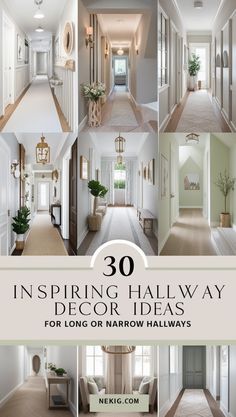 the inside of a hallway with white walls and wood floors, in various pictures are shown