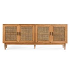 the sideboard is made from wood and has wicker doors on one side, and two