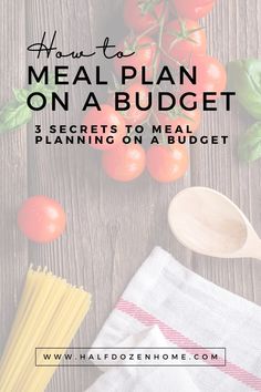 tomatoes, pasta and basil on a wooden table with text overlay how to meal plan on a budget