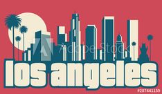 the los angeles skyline with palm trees in red and blue poster print for t - shirts