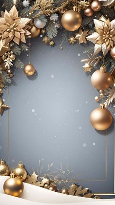 a christmas card with gold ornaments and snowflakes on the blue background, surrounded by golden baubles