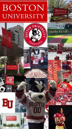 the boston university mascot collage is shown in red and white