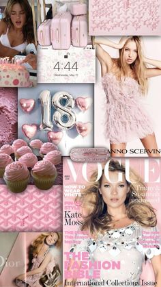 a collage of photos with pink and white items