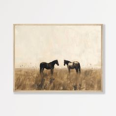 two horses are standing in the tall grass