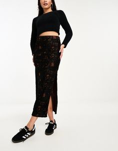 Skirt by Free People Lower-half looks High rise Elasticated waist Side split Regular fit Velvet Burnout, Drop Top, Side Split, Women Skirts Midi, Trending Now, Sliders, Party Outfit, Access Denied, Black Fashion