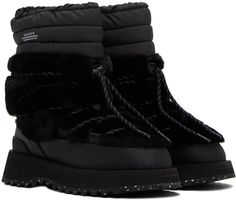 Ankle-high 3M™️ Thinsulate™️-insulated quilted ripstop boots in black. Faux-fur trim throughout. · Cord-lock lace-up closure · Pull-tab at heel · Mesh lining · Molded antibacterial EVA footbed · Logo-embossed foam rubber midsole · Treaded rubber outsole Supplier color: Black Fur Boots, Pull Tab, Fur Trim, Black Boots, Faux Fur, Ankle Boots, Women Wear, Lace Up, Mesh