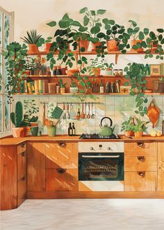 a painting of a kitchen with potted plants on the shelves and an oven in the middle