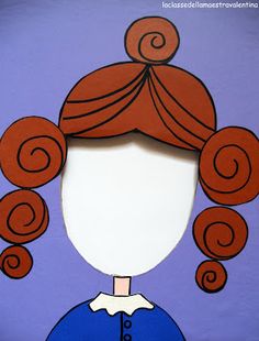 a paper cut out of a woman's head with red hair and blue dress