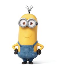 a minion with glasses and overalls standing in front of a white background