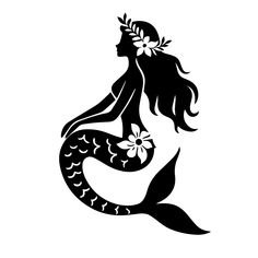 a black and white silhouette of a mermaid with flowers in her hair