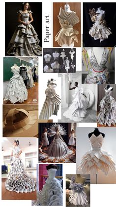 many different types of dresses made out of folded origami pieces and paper machs