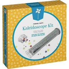 the kaleidoscope kit is packaged in a yellow box with stars on it