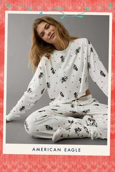 All-over Mickey Mouse print/Long-sleeve shirt + elastic waist pants Mickey Mouse Valentines Day, Mickey Mouse Valentines, Plush Pants, Mickey Mouse Print, Mouse Print, Elastic Waist Pants, Pj Sets, Waist Pants, American Eagle Outfitters