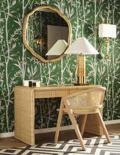 a desk with a mirror, lamp and chair in front of a bamboo wallpaper