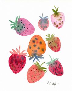 watercolor painting of strawberries and oranges on white paper with black dots in the middle