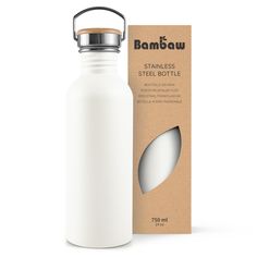 a white bottle with a metal lid next to a cardboard box on a white background