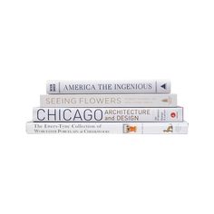 three books stacked on top of each other in front of a white background with the title america the ingenious, seeing flowers, chicago architecture and design