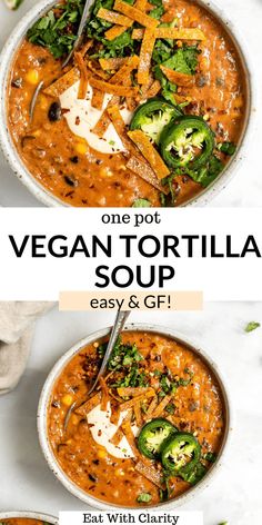 two bowls filled with vegan tortilla soup