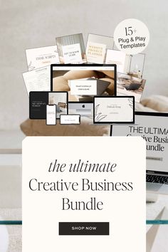 the ultimate creative business bundle is on display in front of a laptop and other items