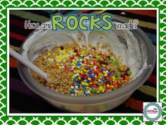 a bowl filled with cereal and sprinkles on top of a green tablecloth