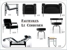 various chairs and footstools are shown in this graphic style, with the words fautelles le corbbusier below them