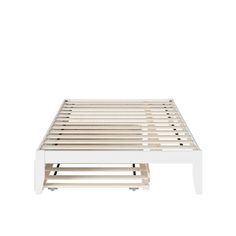 a white bed frame with wooden slats on the top and bottom rails, in front of a white background