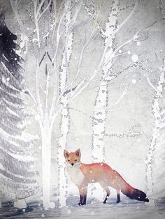 a painting of a fox standing in the snow next to some trees and snow flakes