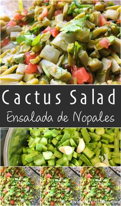 several different pictures of vegetables and the words cactus salad ensalada de nopeles