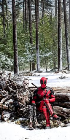 a deadpool sitting in the snow next to some logs and trees with no leaves on them