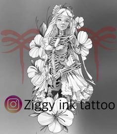 a drawing of a skeleton girl with flowers in her hair