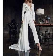 Silhouette:Jumpsuits,Two Piece; Hemline / Train:Floor Length,Sweep / Brush Train,Court Train; Closure:Zipper UP; Fully Lined:Yes; Built-In Bra:Yes; Wedding Events:Hall,Garden / Outdoor; Embellishment:Appliques,Lace; Fabric:Satin,Stretch Fabric; Sleeve Length:Long Sleeve; Tips:Wrap included,Appliques or beadings design are handmade which may vary slightly for each product; Theme:Country; Boning:Yes; Style:Casual; Waistline:Natural; Neckline:Sweetheart; Trends:Plus Size; Front page:Wedding Dresses Bridal Pant Suit, Jumpsuit Wedding Dress, Wedding Dresses Two Piece, Wedding Dress Jumpsuit, Bridal Pants, Sweetheart Bridal, Wedding Pants, Dresses For Pregnant Women, Bohemian Wedding Dress Lace