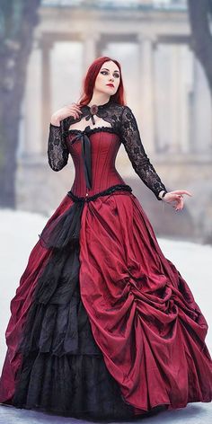 gothic wedding dresses black and red lace slevees Gothic Victorian Wedding, Victorian Wedding Dresses, Gothic Ball Gown, Ball Gowns Victorian, Victorian Gothic Wedding, Black Wedding Dress Gothic, Gaun Abad Pertengahan