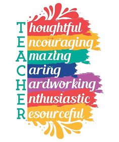 the teacher's logo with colorful brush strokers and words in different colors on it