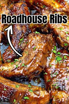 the words roadhouse ribs are above an image of grilled meat