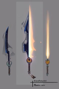 three different types of swords with glowing lights