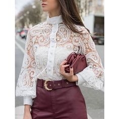 Fabric:Polyester; Sleeve Length:Long Sleeve; Look After Me:Hand wash,Machine wash; Gender:Women's; Style:Basic; Elasticity:Micro-elastic; Tops Type:Eyelet top,Shirt,Blouse; Occasion:Club,Party; Top Length:Regular; Pattern:Plain; Design:Lace up; Neckline:Standing Collar; Listing Date:07/05/2021; Bust:null; Length:null; Fit US Size:null; Fit UK Size:null; Fit EU Size:null White Lace Shirt, White Shirts Women, Top Ideas, Eyelet Top, Standing Collar, Elegant Blouses, Diy Keychain, Women Shirts Blouse, Lace Shirt