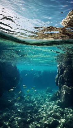 an underwater view of the ocean with rocks and corals in the foreground, under water