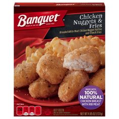 a box of banquet chicken nuggets and fries with macaroni and cheese