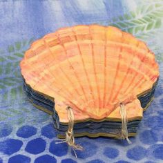 an orange shell sitting on top of a blue table cloth