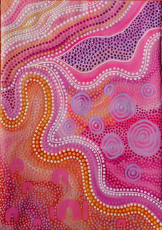 an abstract painting in pink, orange and yellow colors with circles on the bottom half