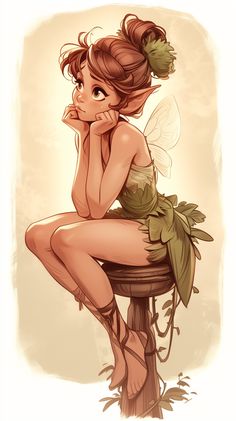 a cartoon fairy sitting on top of a wooden pole with her hand under her chin