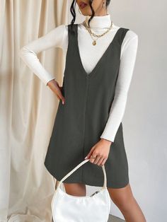 Grey Casual Collar Sleeveless Fabric Plain Pinafore Embellished Slight Stretch  Women Clothing Work Outfits Frauen, Outfit Elegantes, Business Casual Outfits For Work, Stylish Work Outfits, Casual Work Outfits, Pinafore Dress, White Sweater, Work Outfits Women, Professional Outfits