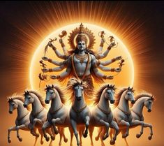 there are seven white horses in front of an image of the hindu god and five other white horses