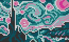 a cross - stitch pattern with blue and pink flowers in the center, on a black background