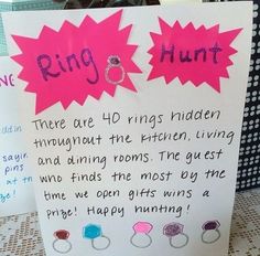 a sign that says ring hunt and there are 40 rings hidden throughout the letter, living and dining rooms