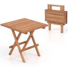 a wooden table and chair sitting next to each other on a white surface with one side missing