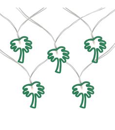 three green palm trees hanging from strings