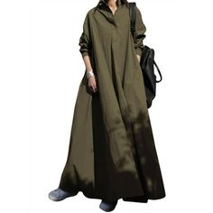 Solid Color Fall Maxi Dress For Daywear, Casual Khaki Maxi Dress For Fall, Green Oversized Cotton Maxi Dress, Oversized Green Cotton Maxi Dress, Green Maxi Dress For Fall Daywear, Green Maxi Dress For Daywear In Fall, Solid Long Cotton Maxi Dress, Solid Color Long Cotton Maxi Dress, Long Cotton Maxi Dress For Fall