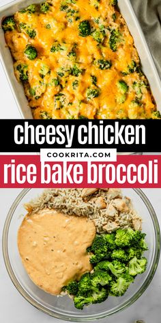 broccoli and cheese chicken rice bake in a casserole dish with text overlay